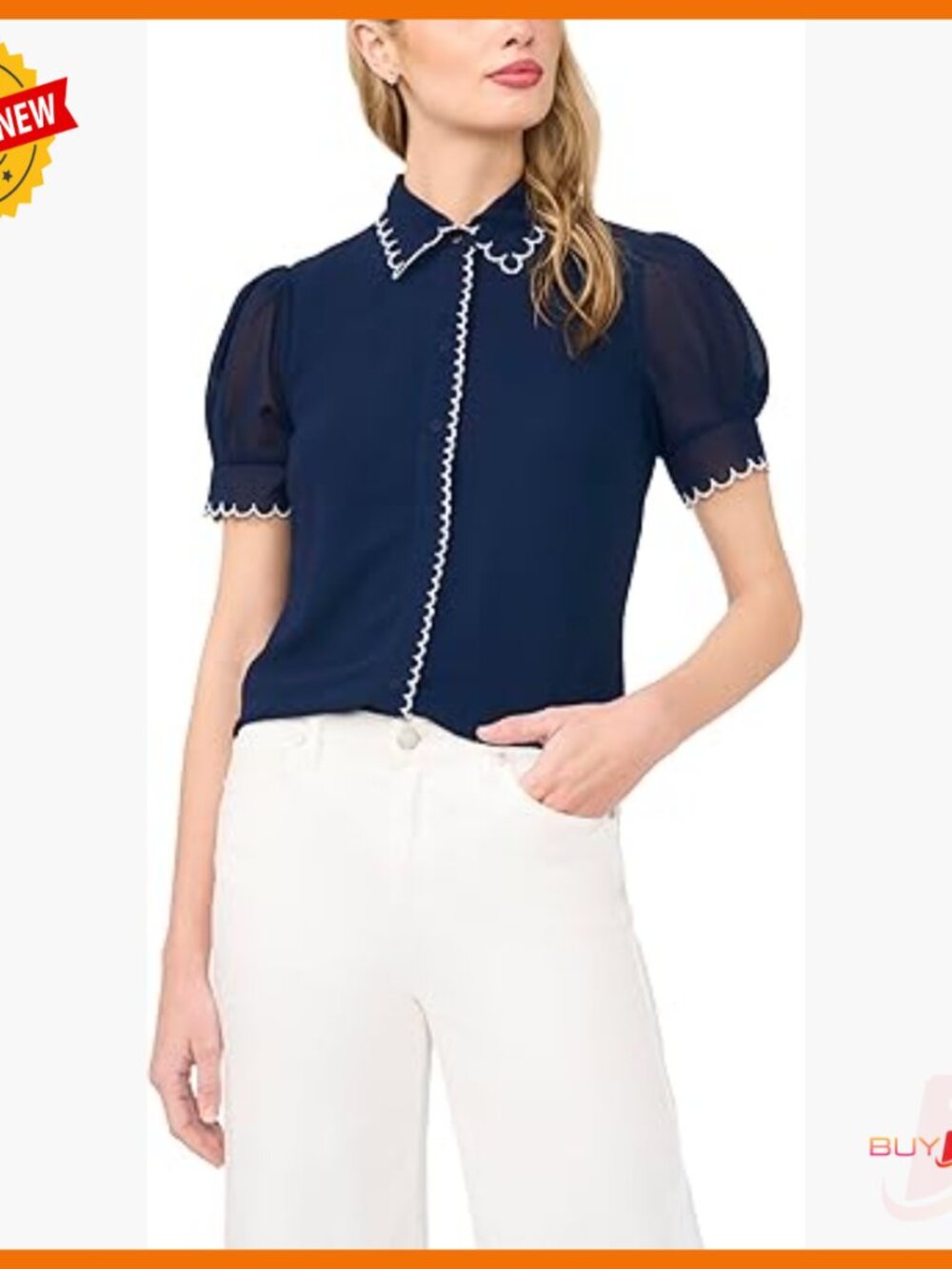 Short Sleeve Blouse With Scallop Trim, Regular Fit, Polyester